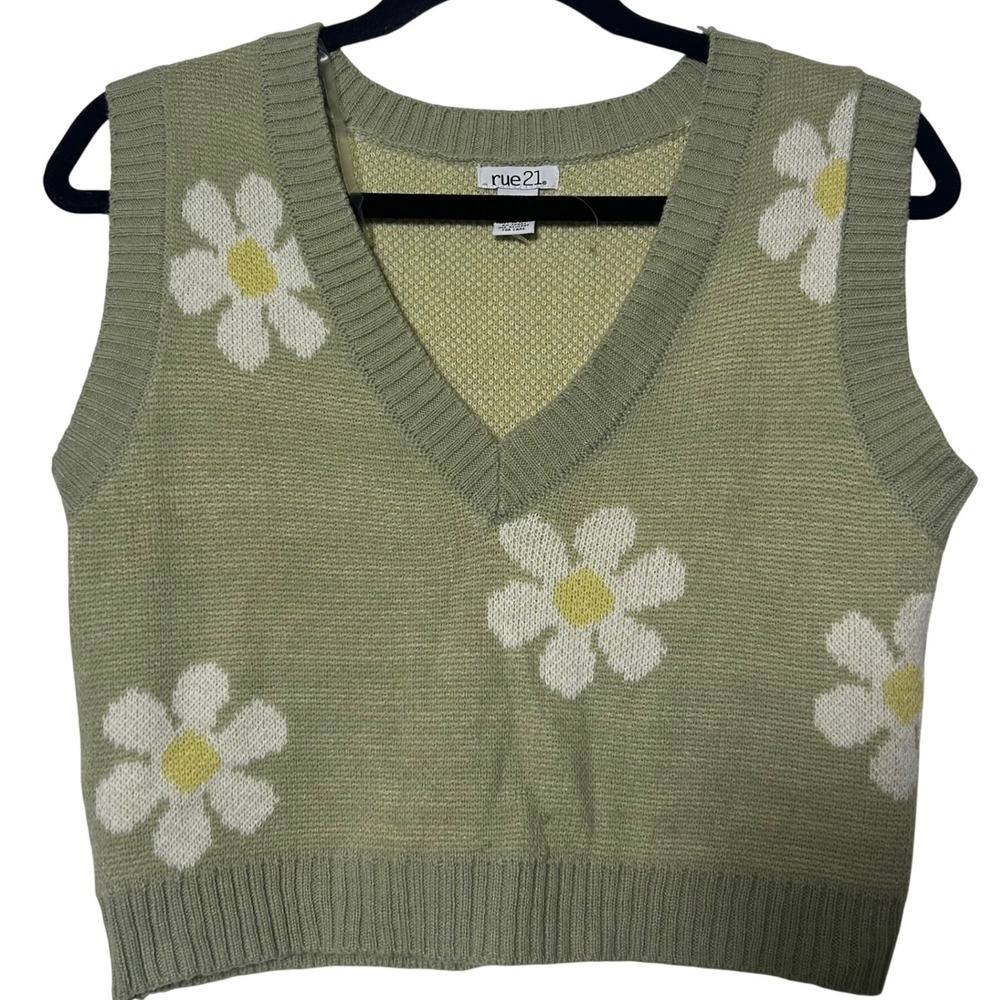 Rue 21 Green Daisy Floral Knit‎ Vest Sweater Top Women's Size M